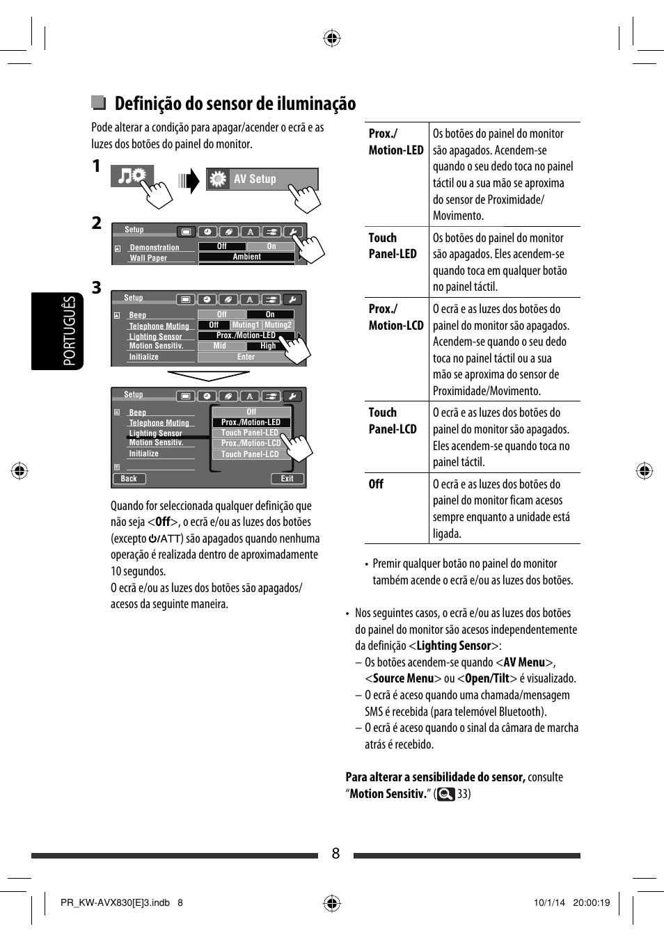 Definição do sensor de iluminação, 8português | JVC KW-AVX830 User Manual | Page 144 / 279