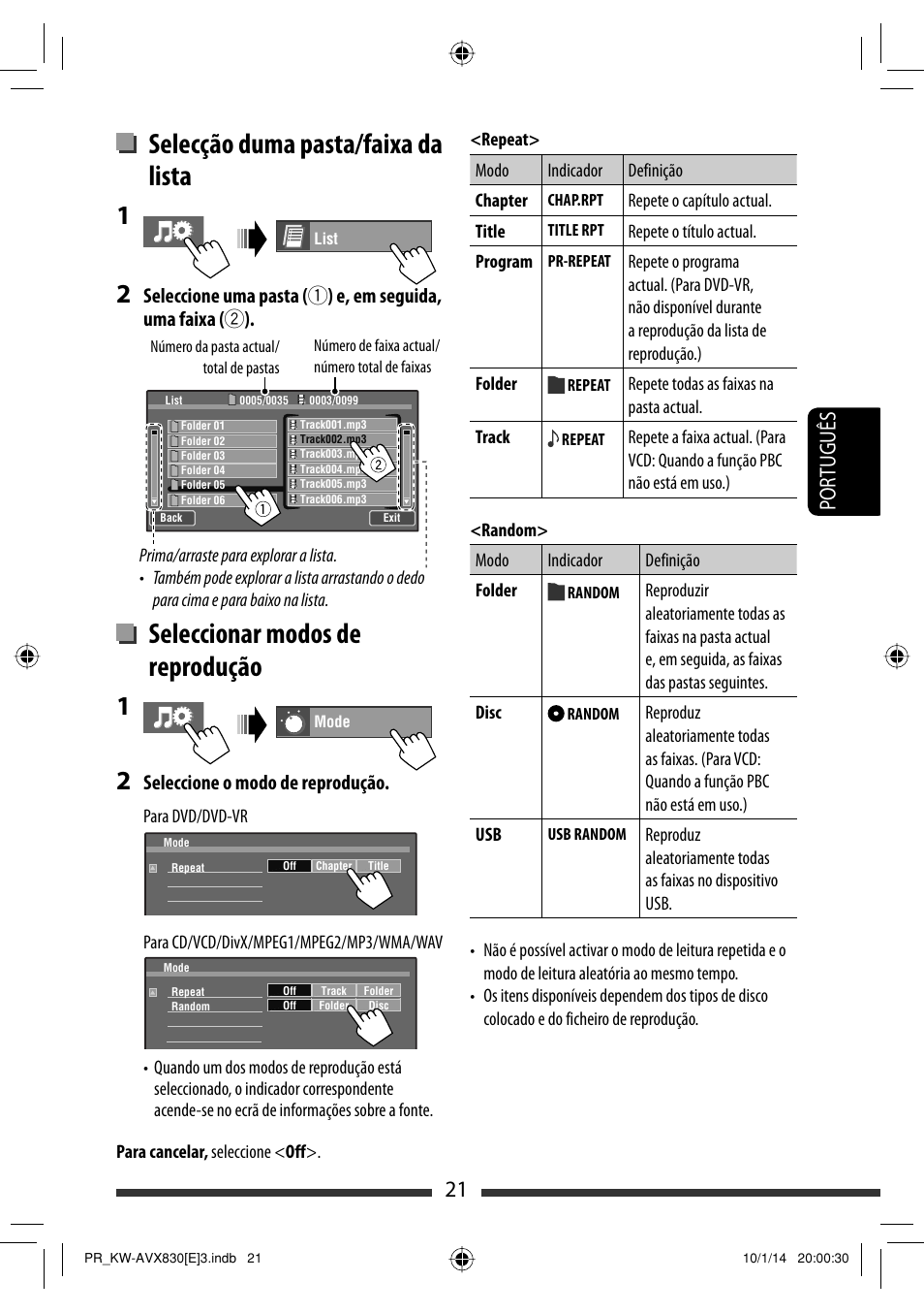 Selecção duma pasta/faixa da lista, Seleccionar modos de reprodução, 21 por tuguês | Seleccione o modo de reprodução | JVC KW-AVX830 User Manual | Page 157 / 279