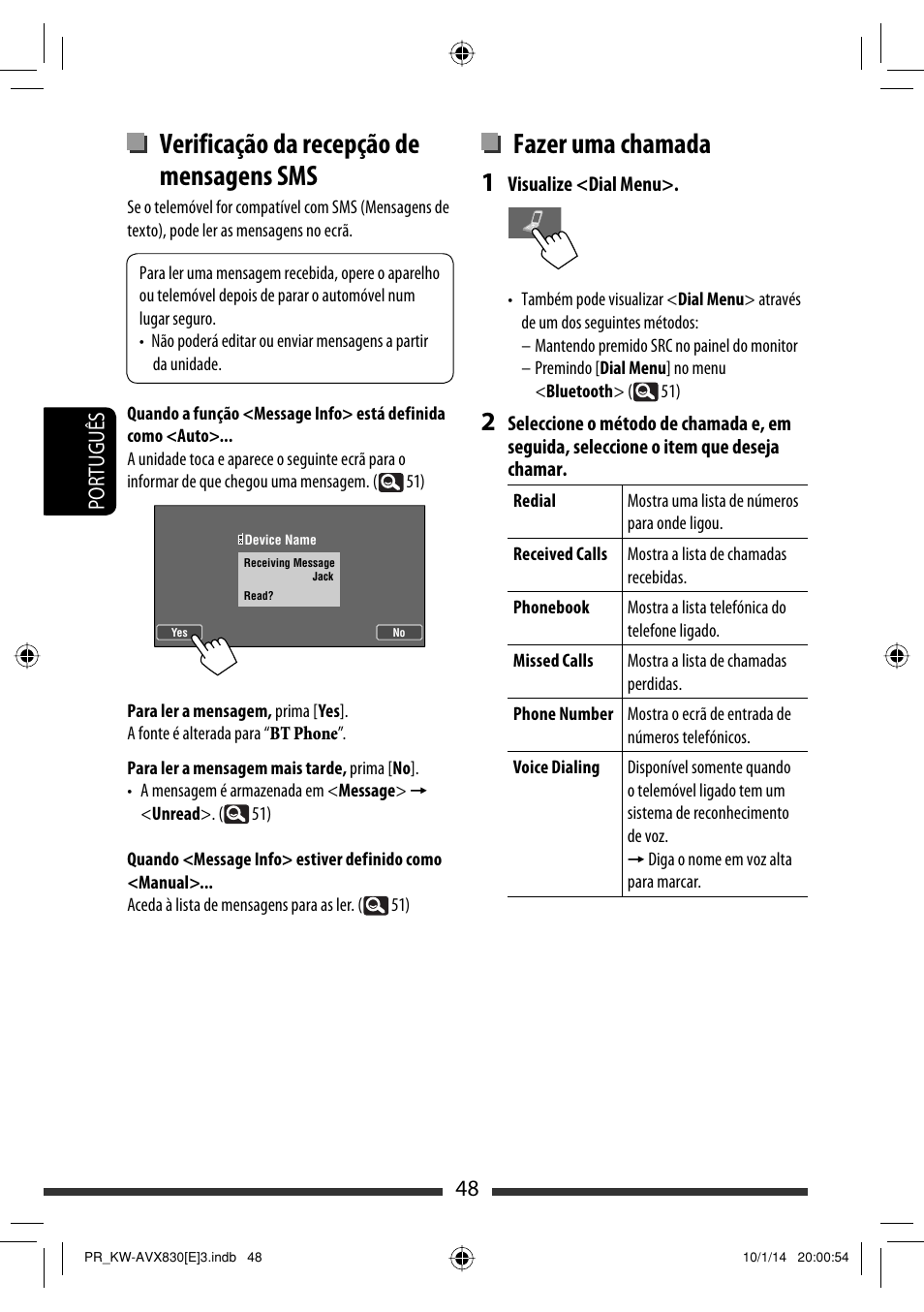 Fazer uma chamada, Verificação da recepção de mensagens sms, 48 português | JVC KW-AVX830 User Manual | Page 184 / 279