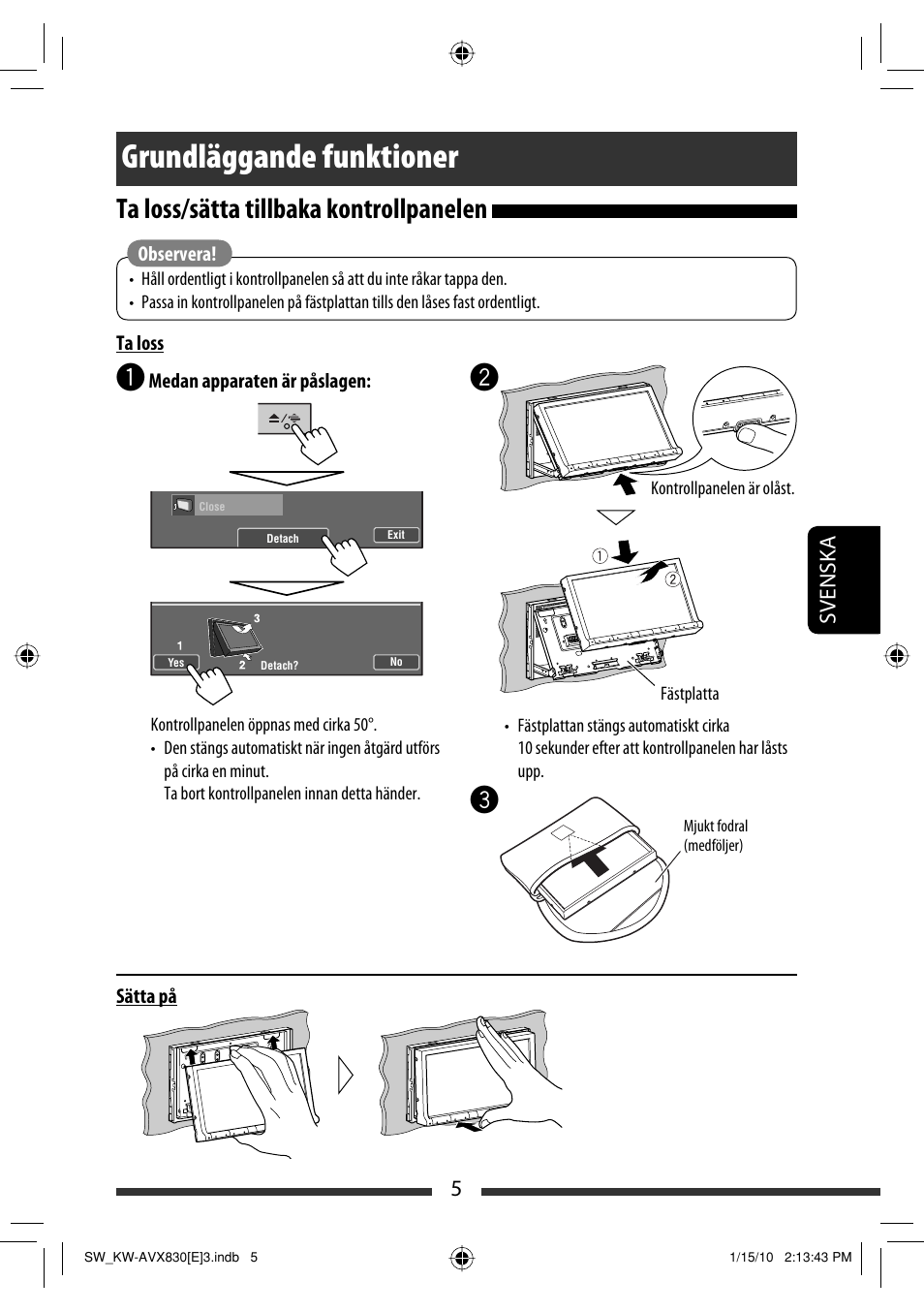Grundläggande funktioner, Ta loss/sätta tillbaka kontrollpanelen, 5svenska | JVC KW-AVX830 User Manual | Page 209 / 279