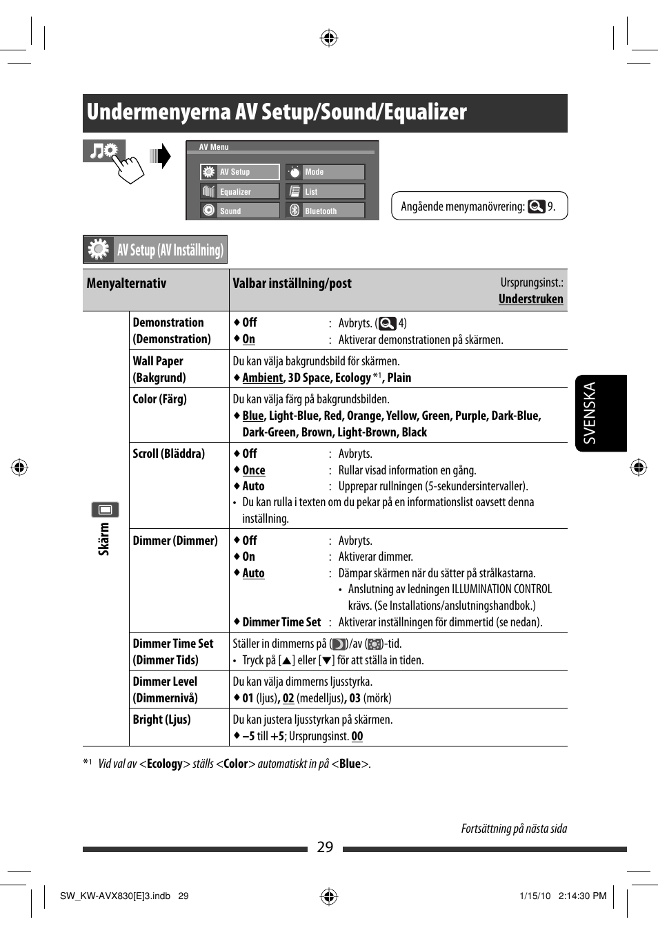 Undermenyerna av setup/sound/equalizer, Av setup (av inställning), 29 svensk a | JVC KW-AVX830 User Manual | Page 233 / 279