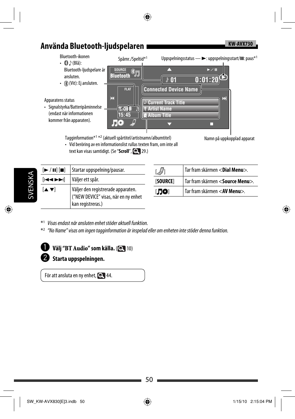 Använda bluetooth-ljudspelaren, 50 svenska | JVC KW-AVX830 User Manual | Page 254 / 279