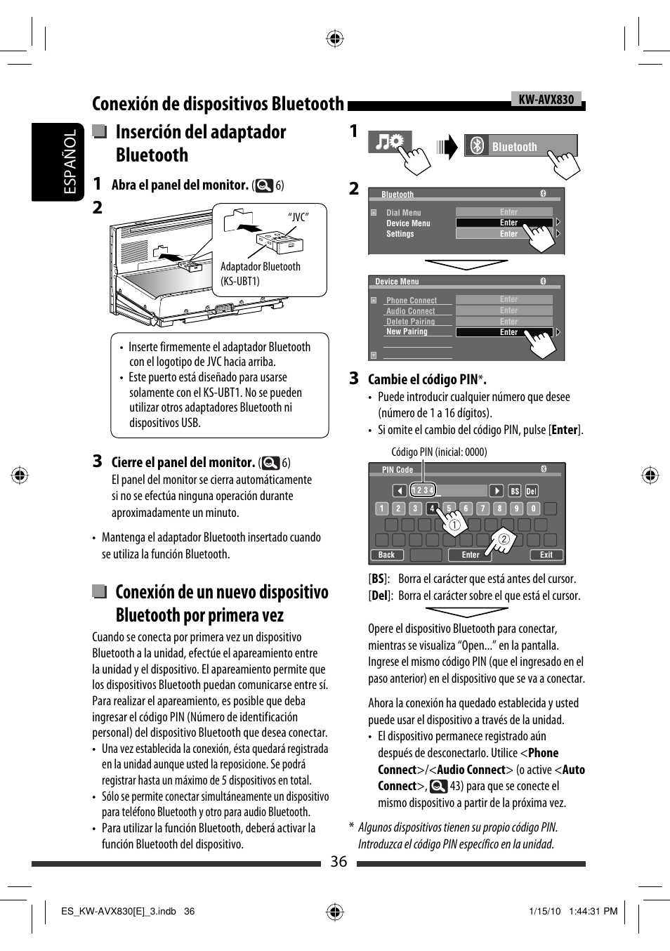 Inserción del adaptador bluetooth, Conexión de dispositivos bluetooth, 36 español | JVC KW-AVX830 User Manual | Page 36 / 279