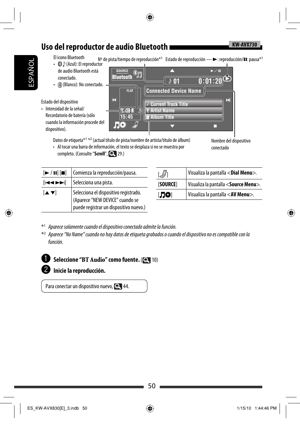 Uso del reproductor de audio bluetooth, 50 español | JVC KW-AVX830 User Manual | Page 50 / 279