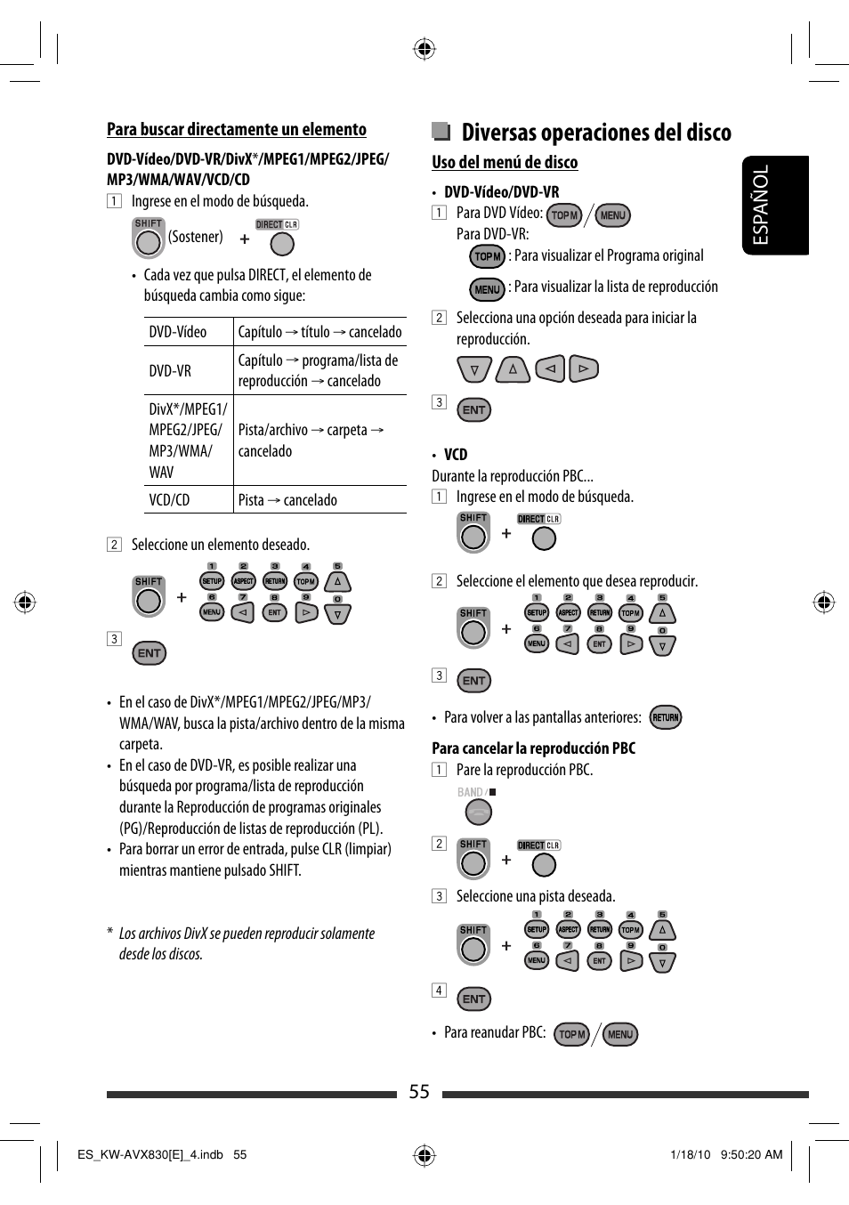 Diversas operaciones del disco, 55 esp añol | JVC KW-AVX830 User Manual | Page 55 / 279
