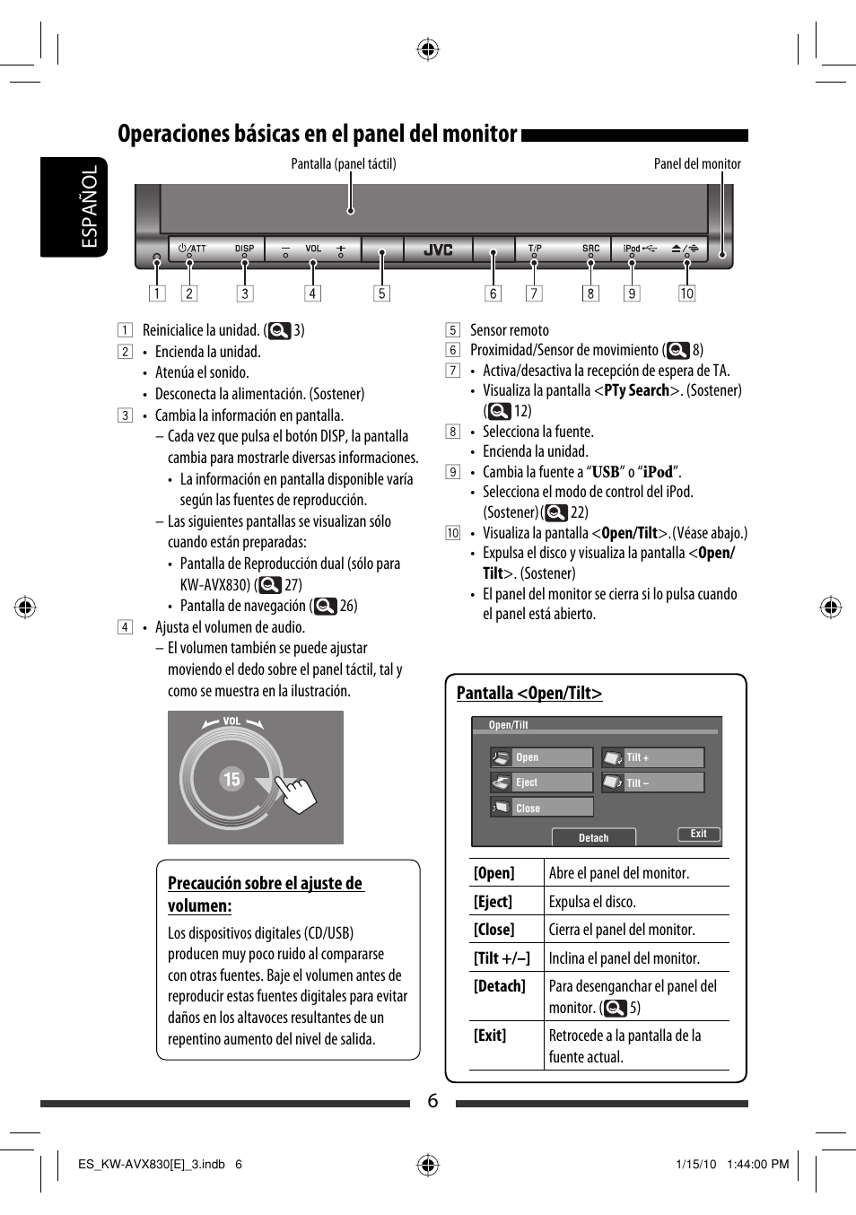 Operaciones básicas en el panel del monitor, 6español | JVC KW-AVX830 User Manual | Page 6 / 279