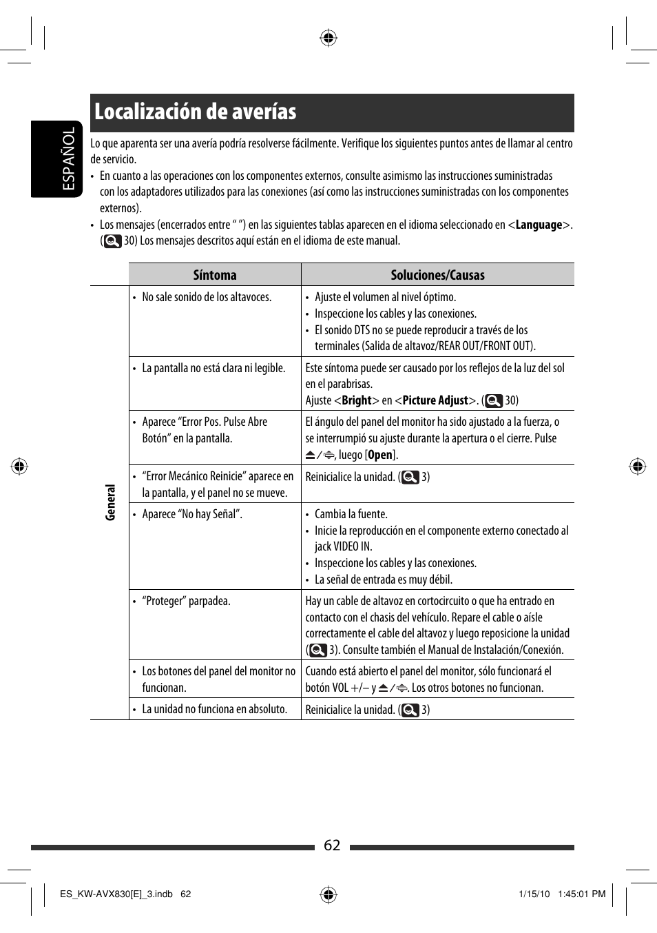 Localización de averías, 62 español | JVC KW-AVX830 User Manual | Page 62 / 279