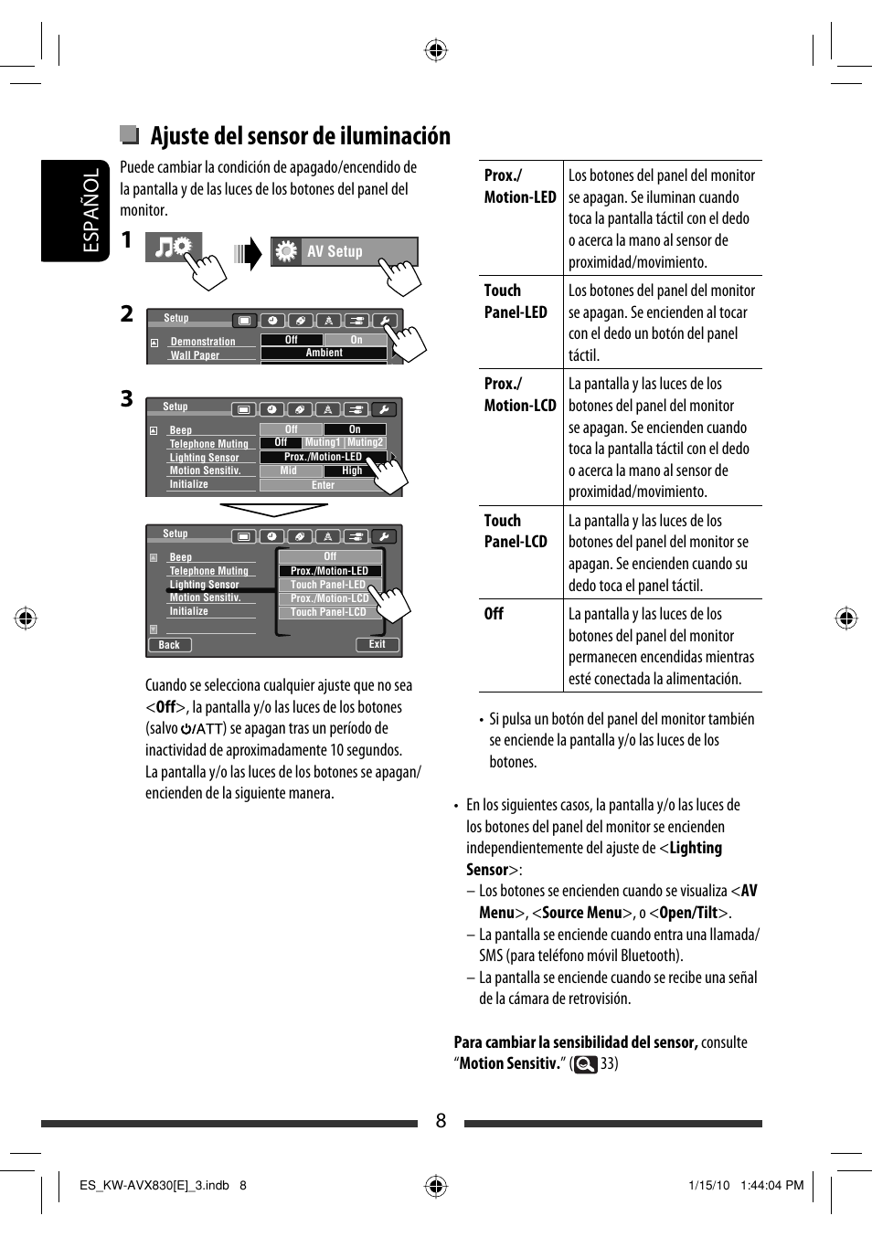 Ajuste del sensor de iluminación, 8español | JVC KW-AVX830 User Manual | Page 8 / 279