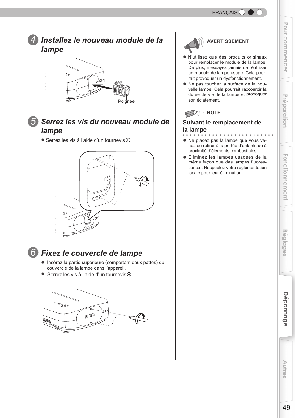 Installez le nouveau module de la lampe, Serrez les vis du nouveau module de lampe, Fixez le couvercle de lampe | JVC DLA-HD750 User Manual | Page 109 / 181