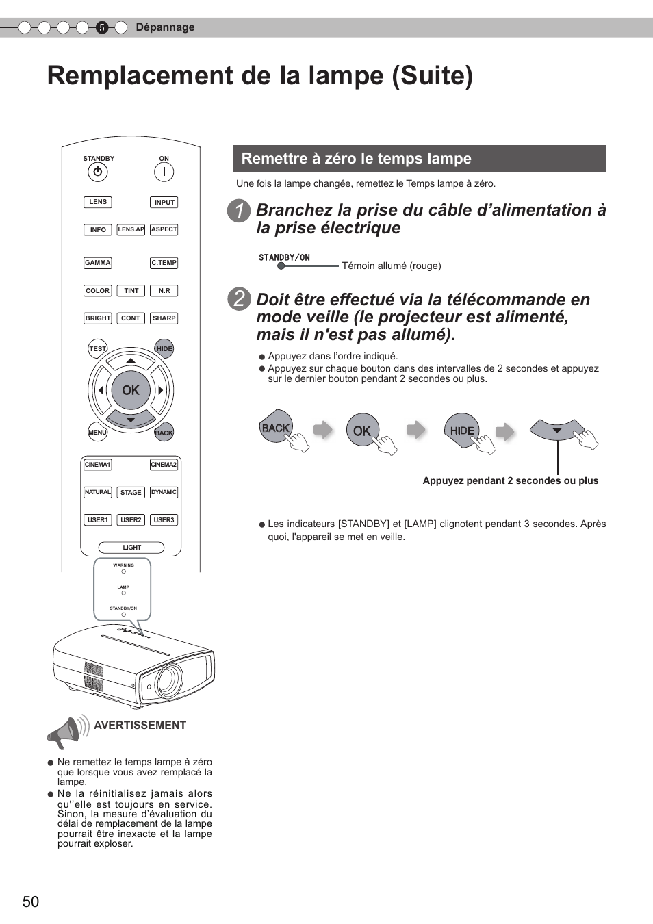 Remettre à zéro le temps lampe, Remettre, À zéro le temps lampe | Interface rs-232c, Remplacement de la lampe (suite) | JVC DLA-HD750 User Manual | Page 110 / 181