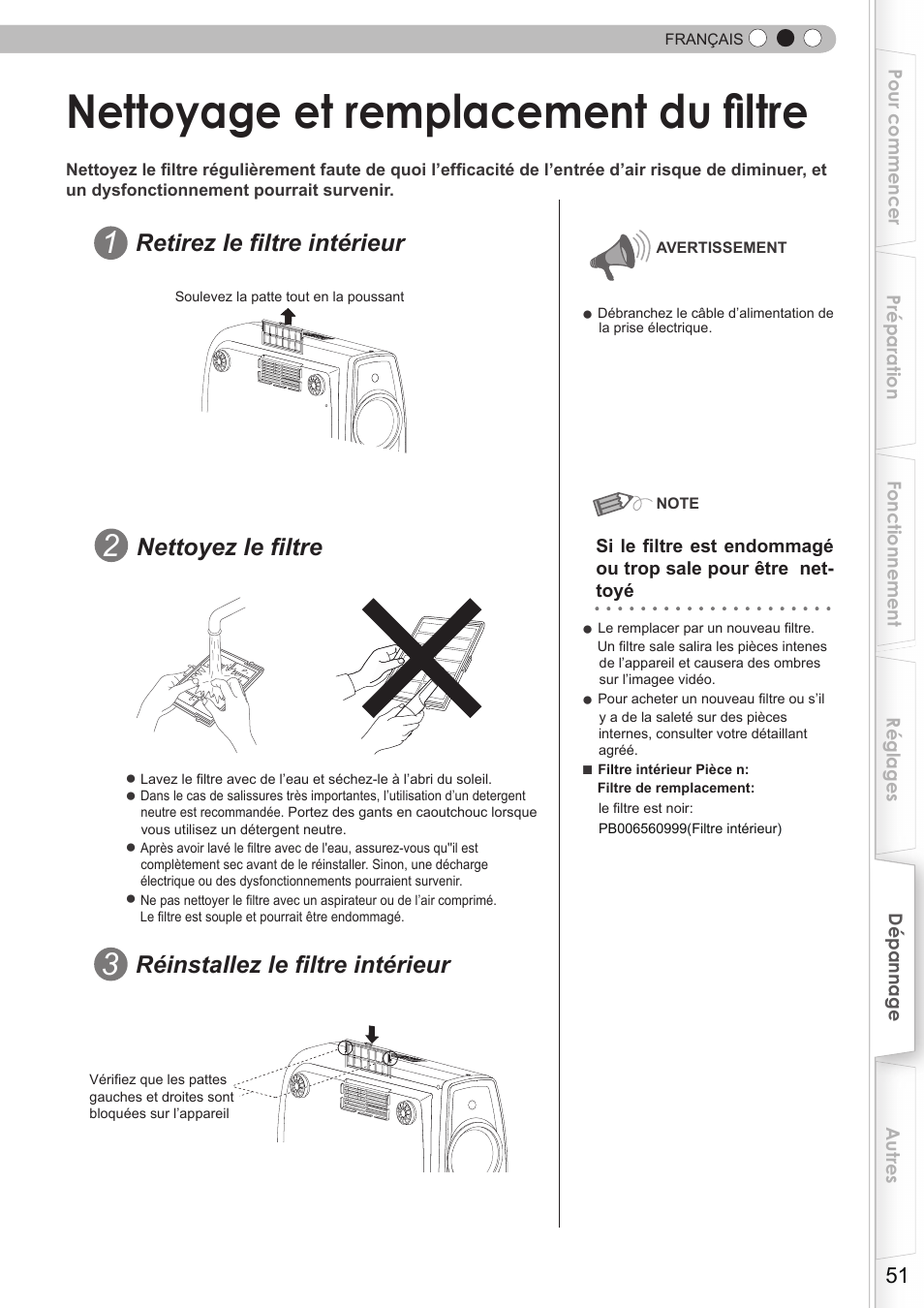 Nettoyage et remplacement du filtre, Filtre, Retirez le filtre intérieur | Réinstallez le filtre intérieur, Nettoyez le filtre | JVC DLA-HD750 User Manual | Page 111 / 181