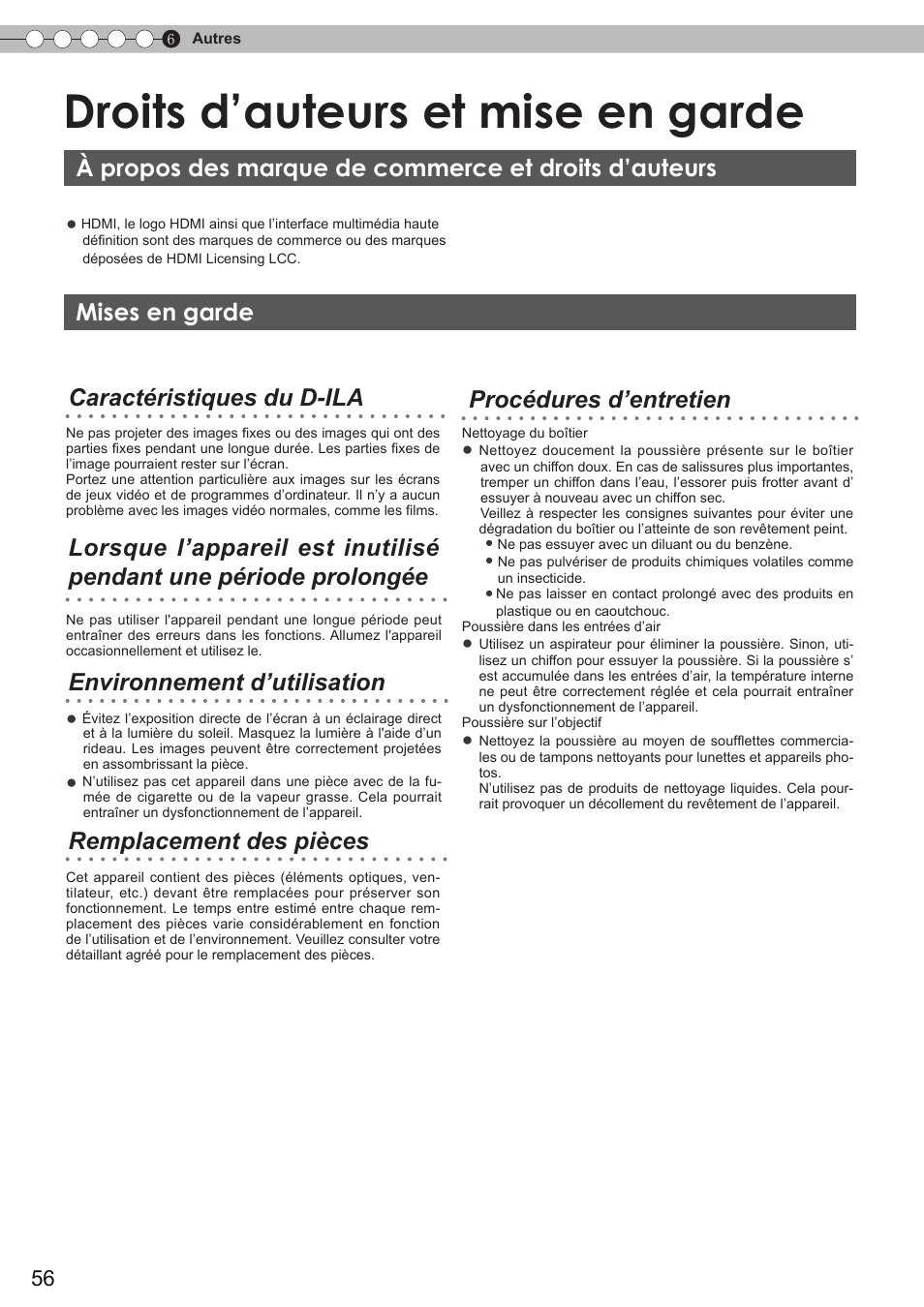 Droits d’auteurs et mise en garde, Mises en garde, Droits d'auteur et mise en garde | A propos des marque de commerce, Et droits d'auteurs | JVC DLA-HD750 User Manual | Page 116 / 181