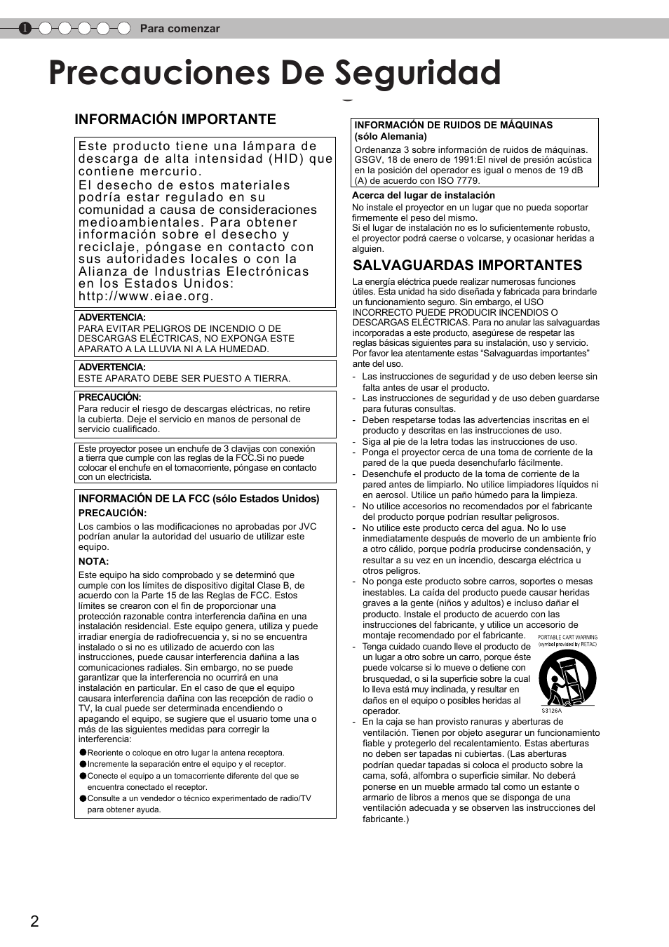 Para comenzar, Precauciones de seguridad, Salvaguardas importantes | Información importante | JVC DLA-HD750 User Manual | Page 122 / 181