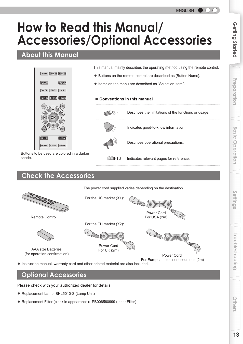 About this manual, Check the accessories, Optional accessories | JVC DLA-HD750 User Manual | Page 13 / 181