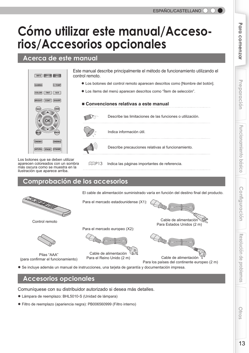 Acerca de este manual, Comprobación de los accesorios, Accesorios opcionales | Cómo utilizar este manual/acceso, Rios/accesorios opcionales | JVC DLA-HD750 User Manual | Page 133 / 181