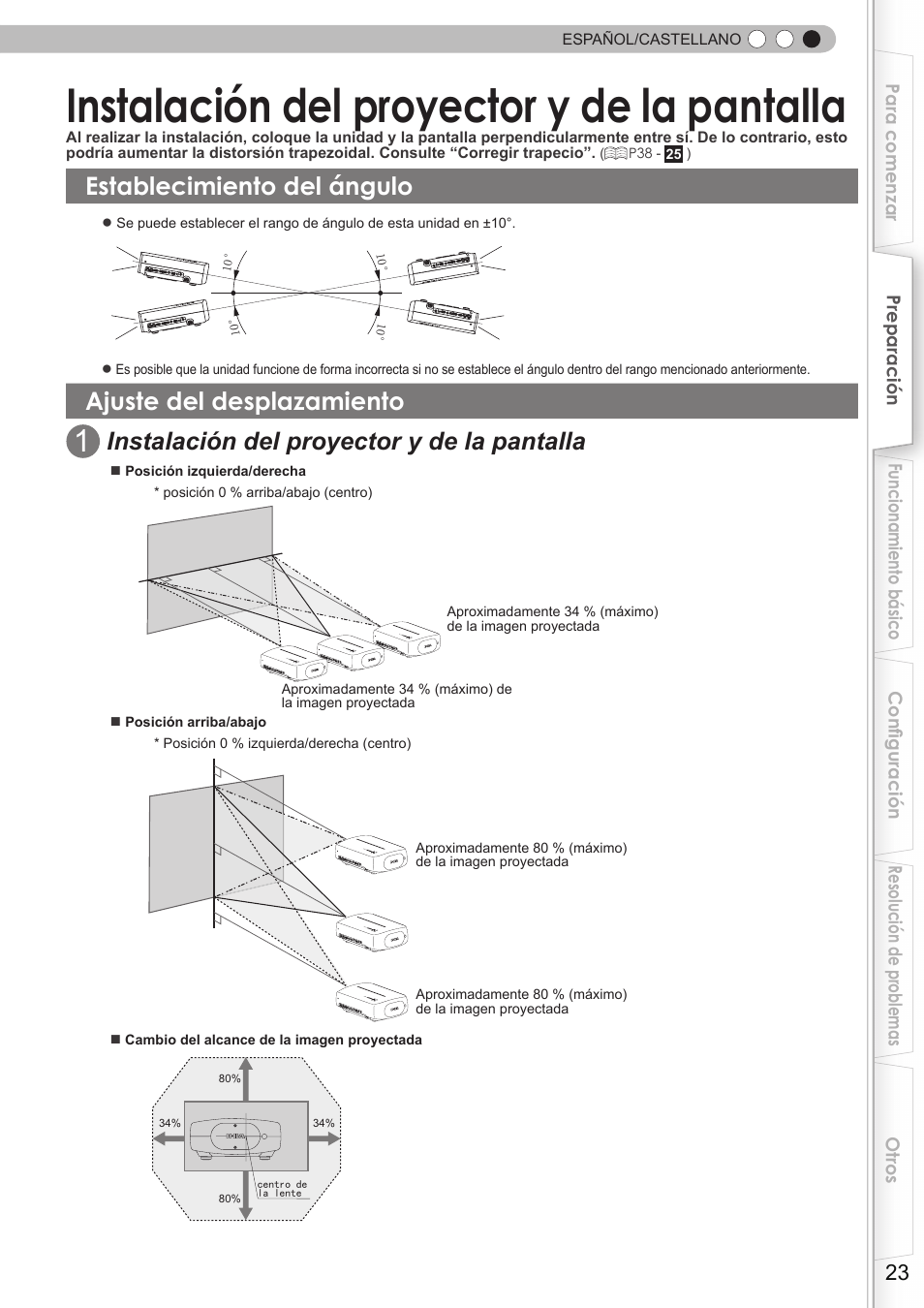 Instalación del proyector y de la pantalla, Establecimiento del ángulo, Ajuste del desplazamiento | Vertical y 34% horizontal, Instalación del proyector y de la, Pantalla | JVC DLA-HD750 User Manual | Page 143 / 181