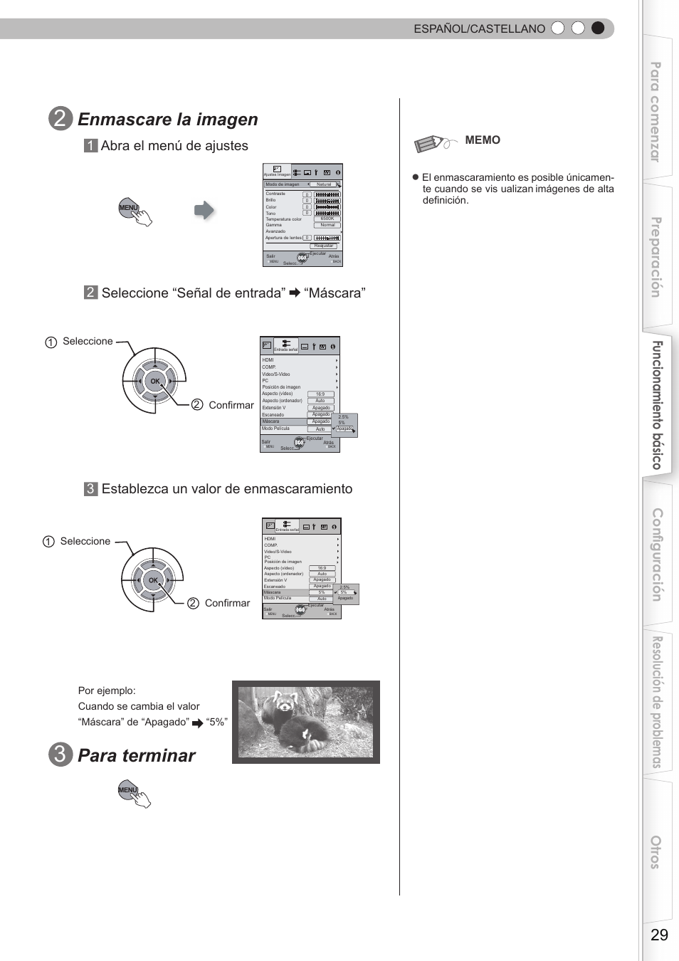 Para terminar, Enmascare la imagen, Máscara | 3establezca un valor de enmascaramiento, Español/castellano | JVC DLA-HD750 User Manual | Page 149 / 181