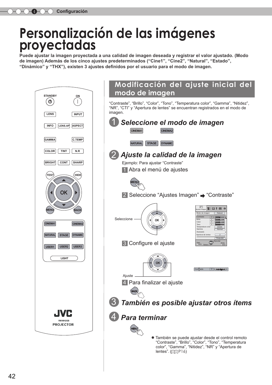 Personalización de las imágenesproyectadas, Modificación del ajuste inicial delmodo de imagen, Personalizaciones de las imágenes | Proyectadas, Modificación del ajuste inicial del modo, De imagen, Para ajustar la gamma, Para ajustar la nitidez, Para ajustar el contraste, Para ajustar la temperatura de color | JVC DLA-HD750 User Manual | Page 162 / 181
