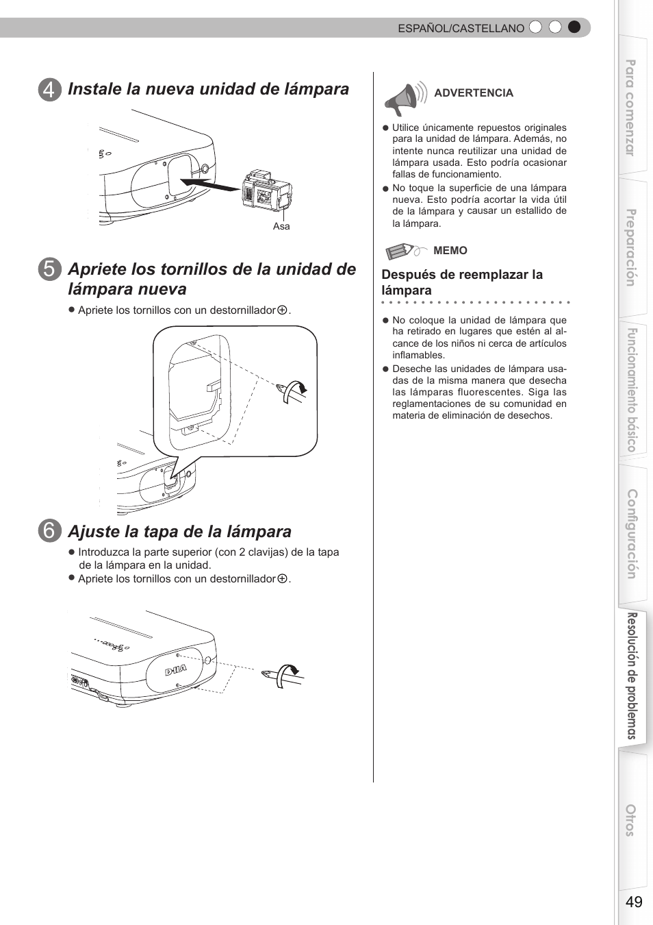 Instale la nueva unidad de lámpara, Ajuste la tapa de la lámpara | JVC DLA-HD750 User Manual | Page 169 / 181