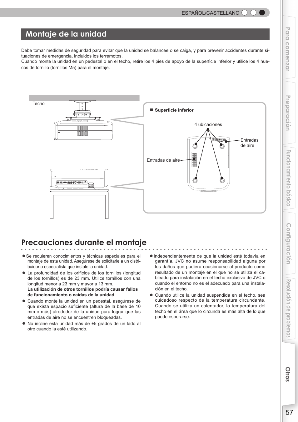 Montaje de la unidad, Precauciones durante el montaje | JVC DLA-HD750 User Manual | Page 177 / 181
