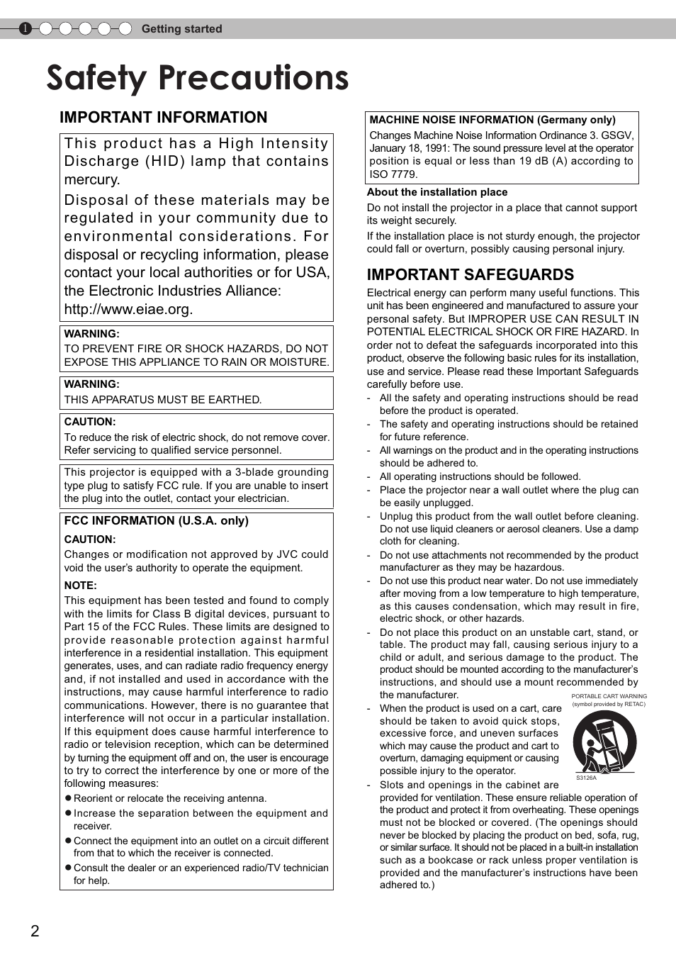 Getting started, Safety precautions, Important information | Important safeguards | JVC DLA-HD750 User Manual | Page 2 / 181