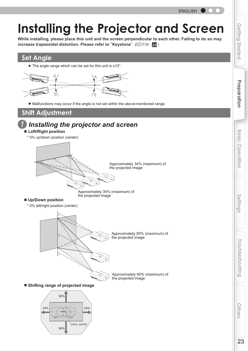 Installing the projector and screen, Set angle, Shift adjustment | Shift function | JVC DLA-HD750 User Manual | Page 23 / 181