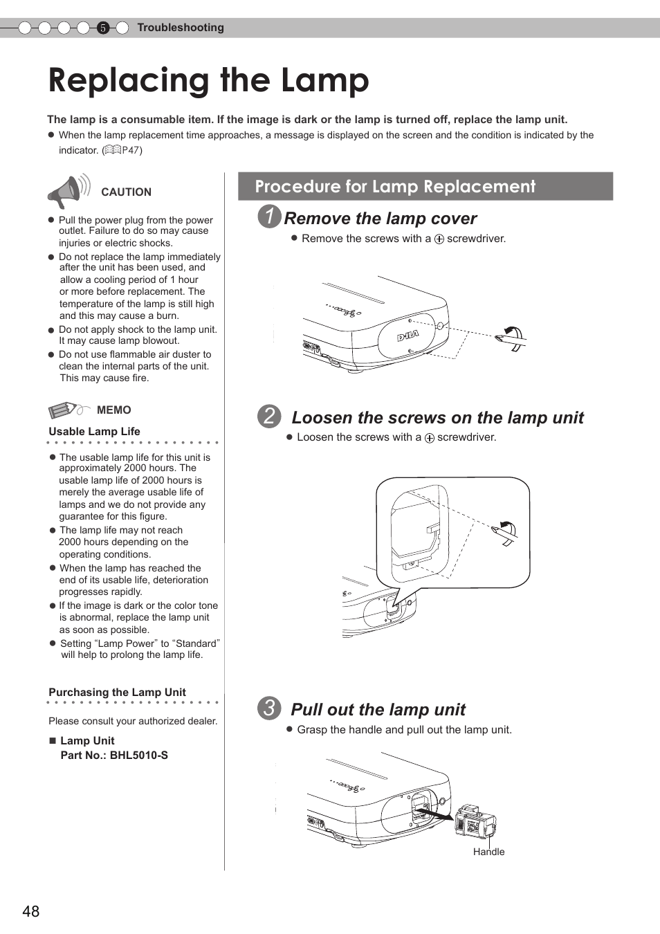 Replacing the lamp, Procedure for lamp replacement, Lamp cover | P48 to 50, Remove the lamp cover, Loosen the screws on the lamp unit, Pull out the lamp unit | JVC DLA-HD750 User Manual | Page 48 / 181
