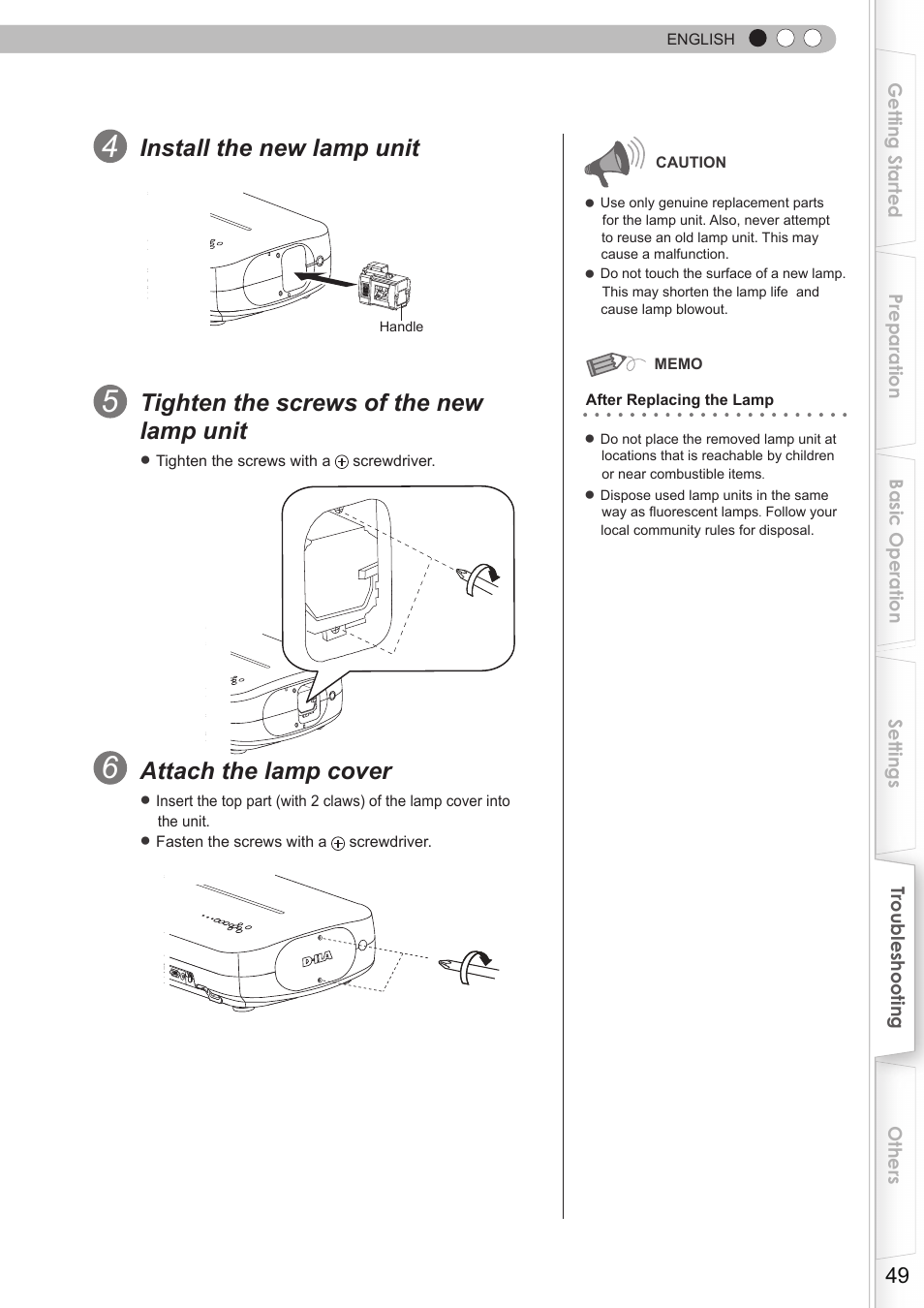 Install the new lamp unit, Tighten the screws of the new lamp unit, Attach the lamp cover | JVC DLA-HD750 User Manual | Page 49 / 181