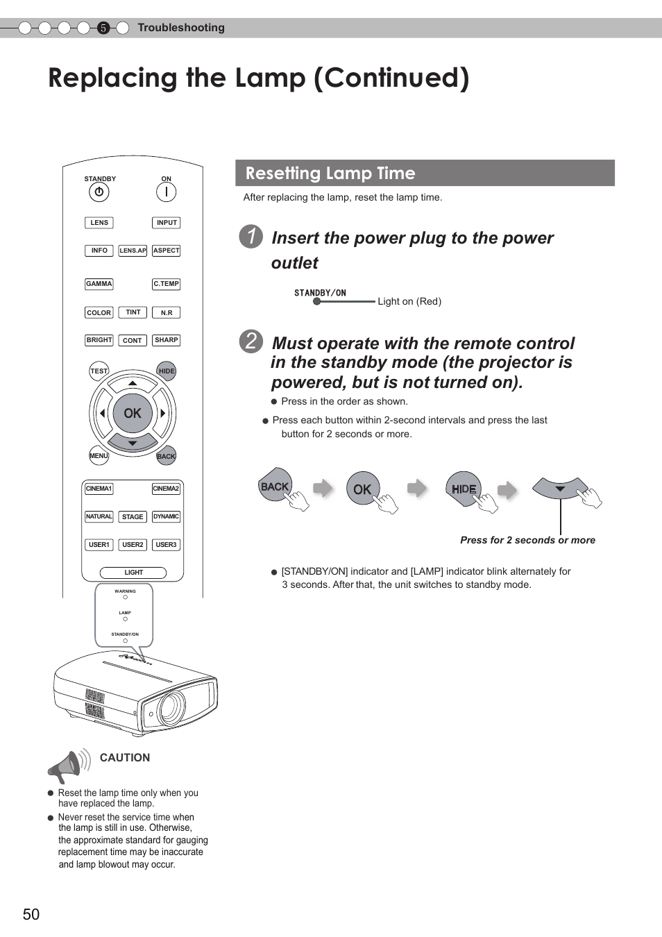 Resetting lamp time, Replacing the lamp (continued), Insert the power plug to the power outlet | JVC DLA-HD750 User Manual | Page 50 / 181