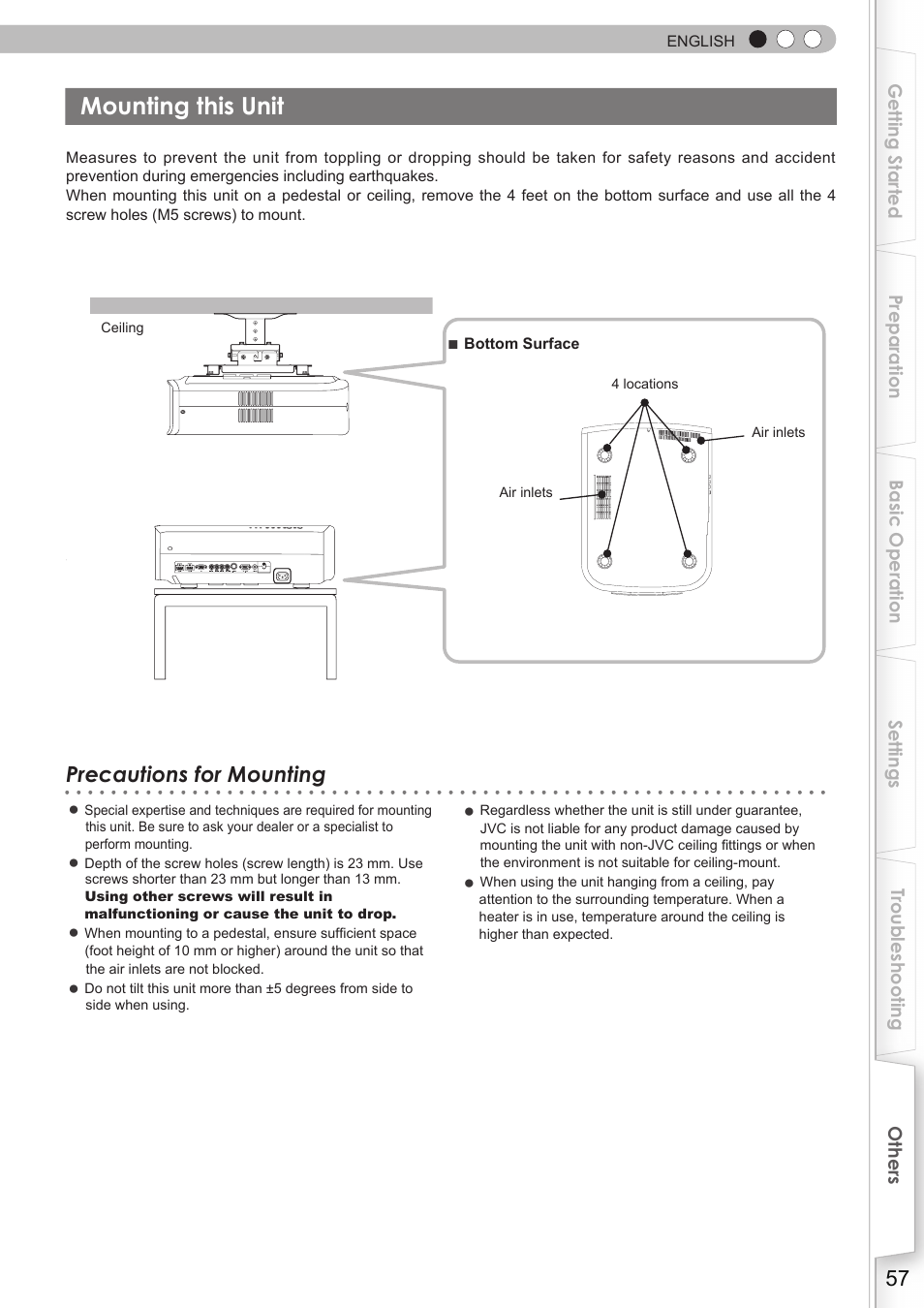 Mounting this unit, Precautions for mounting | JVC DLA-HD750 User Manual | Page 57 / 181