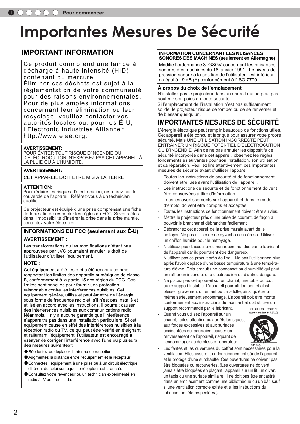 Pour commencer, Importantes mesures de sécurité, Important information | JVC DLA-HD750 User Manual | Page 62 / 181