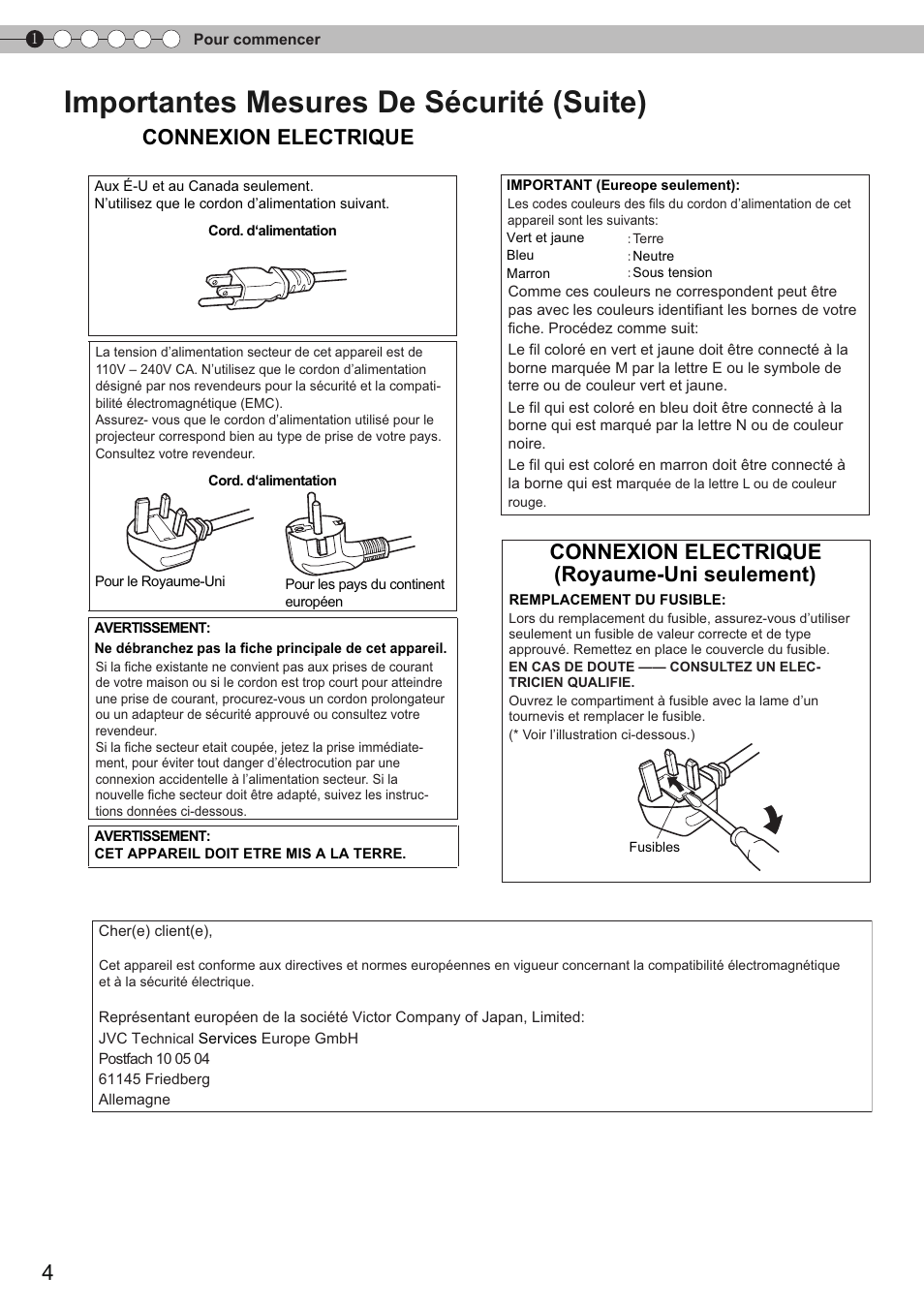 Importantes mesures de sécurité (suite), Connexion electrique, Connexion electrique (royaume-uni seulement) | JVC DLA-HD750 User Manual | Page 64 / 181