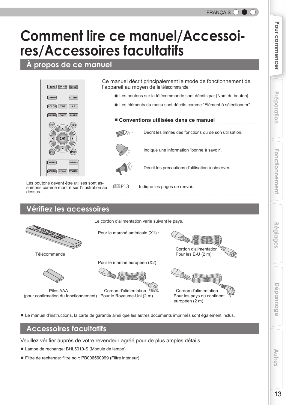 À propos de ce manuel, Vérifiez les accessoires, Accessoires facultatifs | Comment lire ce manuel / accessoires, Accessories facultatifs, Vérifier les accessoires | JVC DLA-HD750 User Manual | Page 73 / 181