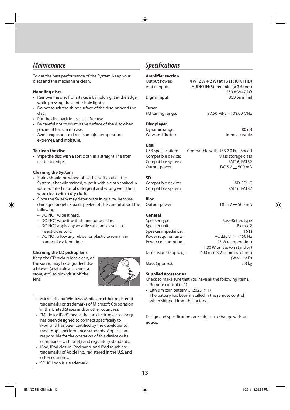 Maintenance, Specifications | JVC NX-PB10 User Manual | Page 13 / 16