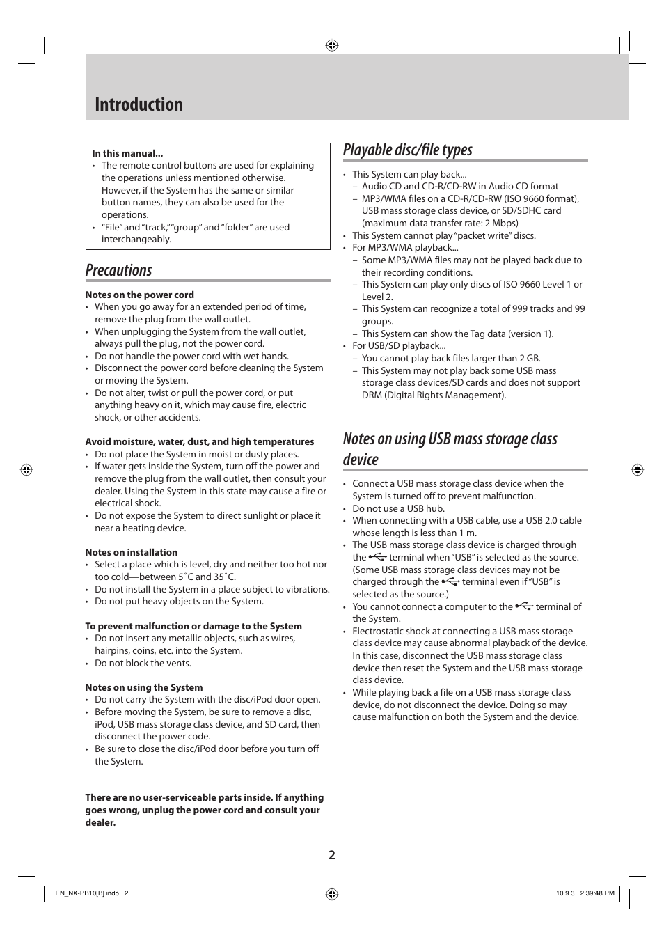 Introduction, Precautions, Playable disc/file types | Notes on using usb mass storage class device | JVC NX-PB10 User Manual | Page 2 / 16