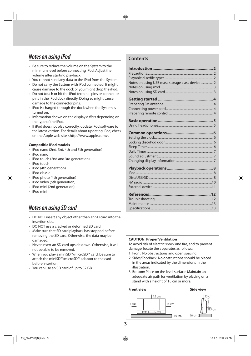 Notes on using ipod, Notes on using sd card, 3contents | JVC NX-PB10 User Manual | Page 3 / 16