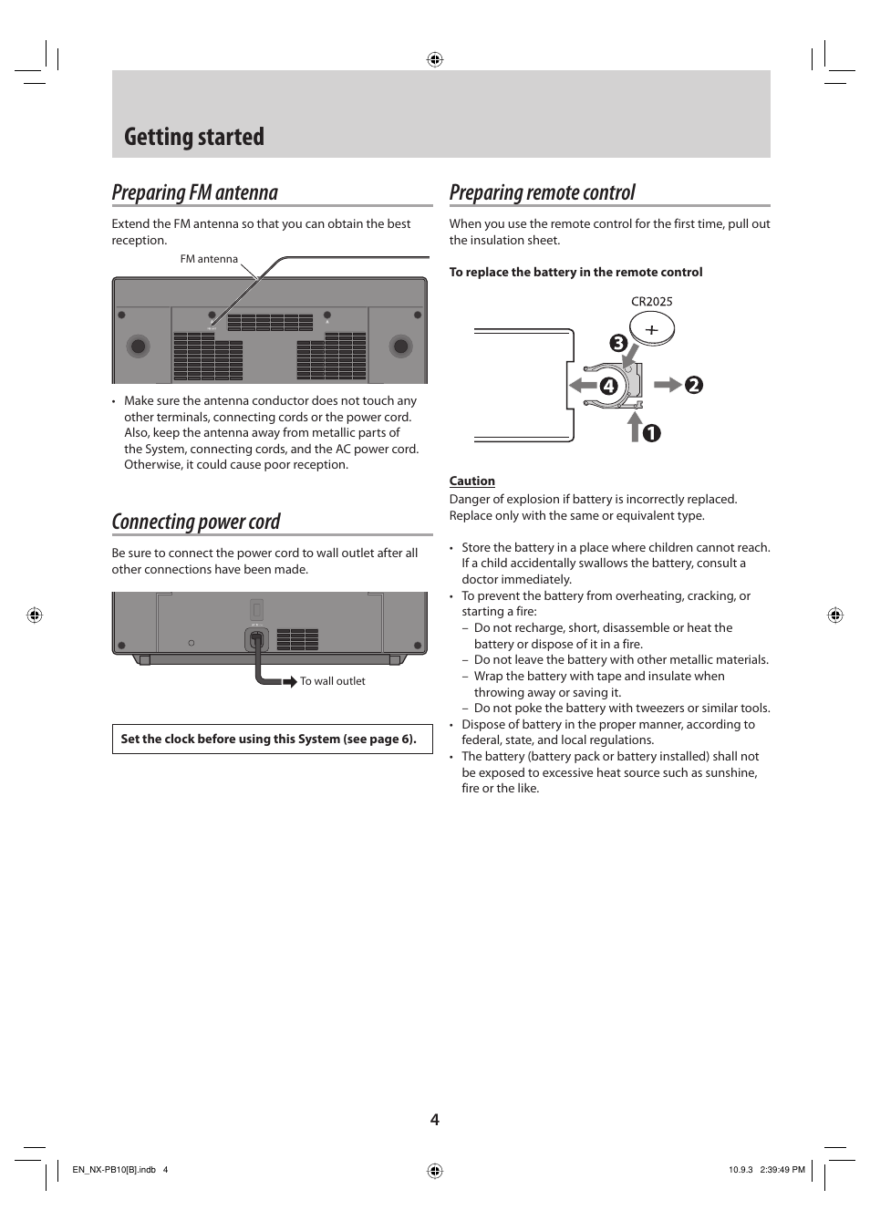 Getting started, Preparing fm antenna, Connecting power cord | Preparing remote control | JVC NX-PB10 User Manual | Page 4 / 16