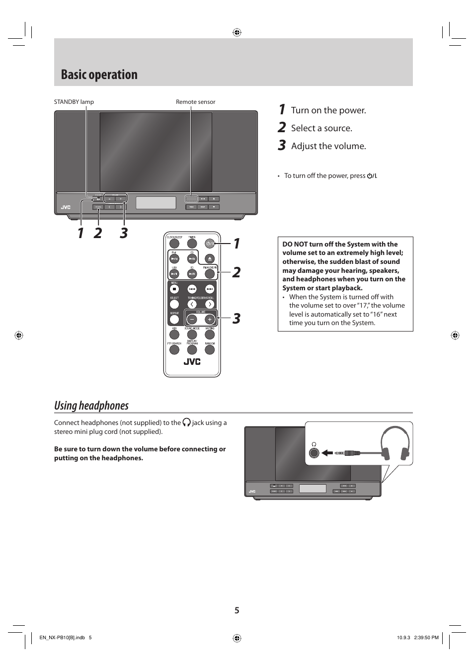 Basic operation, Using headphones | JVC NX-PB10 User Manual | Page 5 / 16