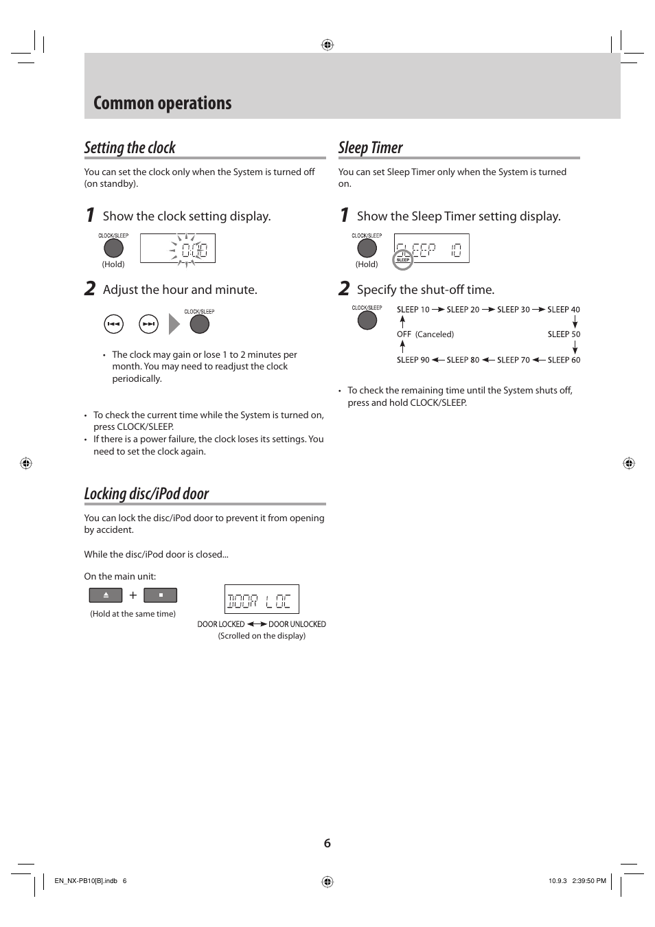 Common operations, Setting the clock, Locking disc/ipod door | Sleep timer | JVC NX-PB10 User Manual | Page 6 / 16