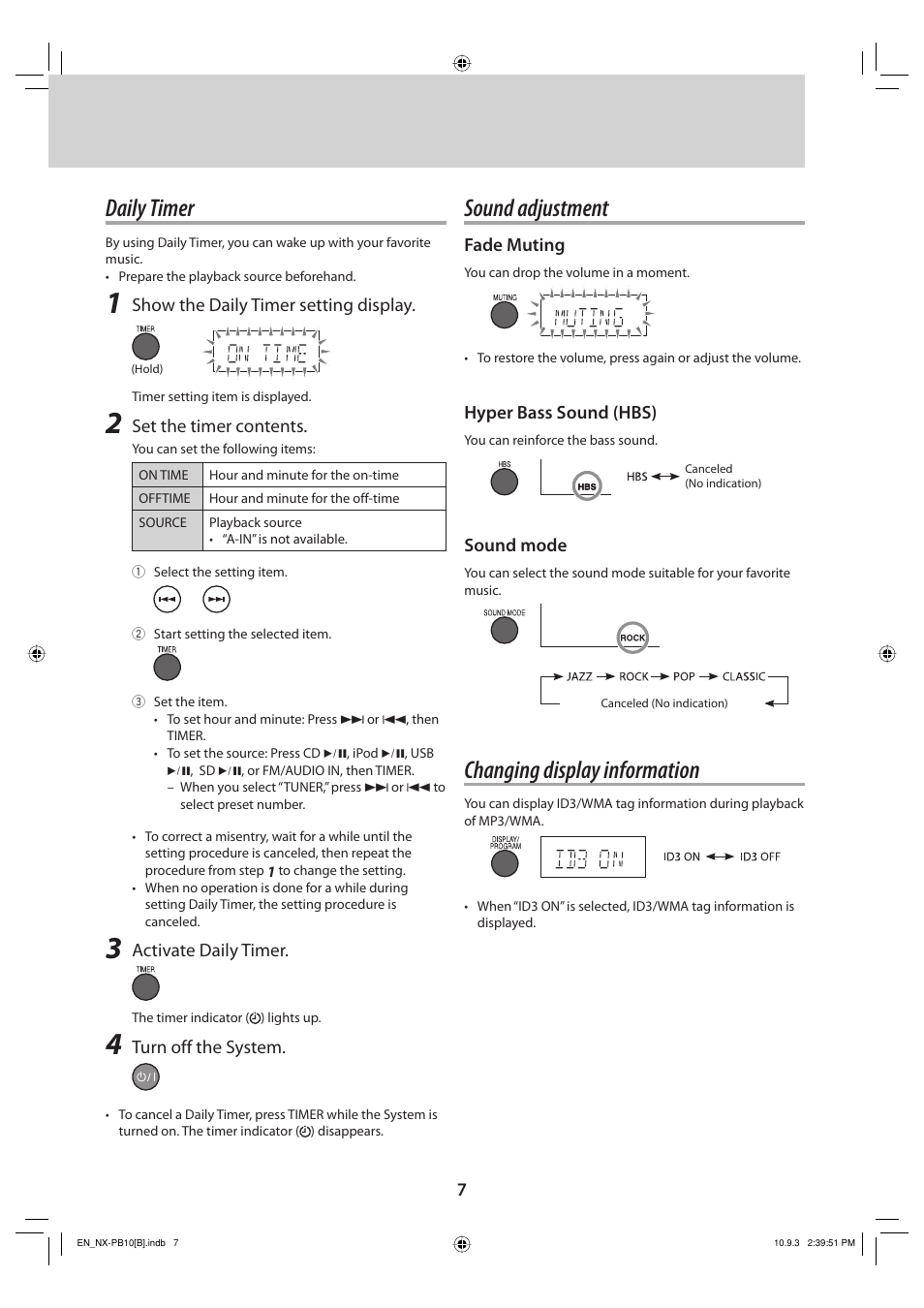 Daily timer, Sound adjustment, Changing display information | JVC NX-PB10 User Manual | Page 7 / 16