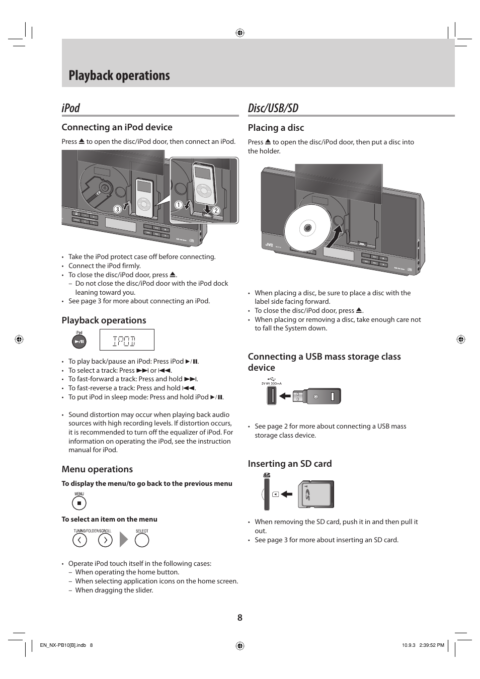 Playback operations, Ipod, Disc/usb/sd | Connecting an ipod device, Menu operations, Placing a disc, Connecting a usb mass storage class device, Inserting an sd card | JVC NX-PB10 User Manual | Page 8 / 16