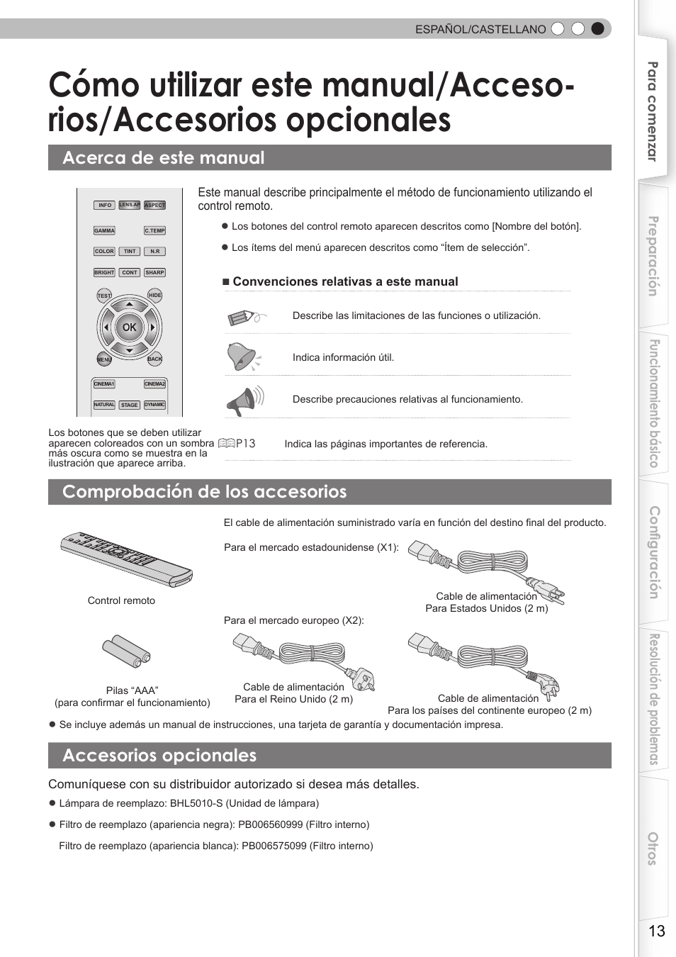 Cómo utilizar este manual/acceso, Rios/accesorios opcionales, Acerca de este manual | Comprobación de los accesorios, Accesorios opcionales | JVC DLA-HD350 User Manual | Page 14 / 58