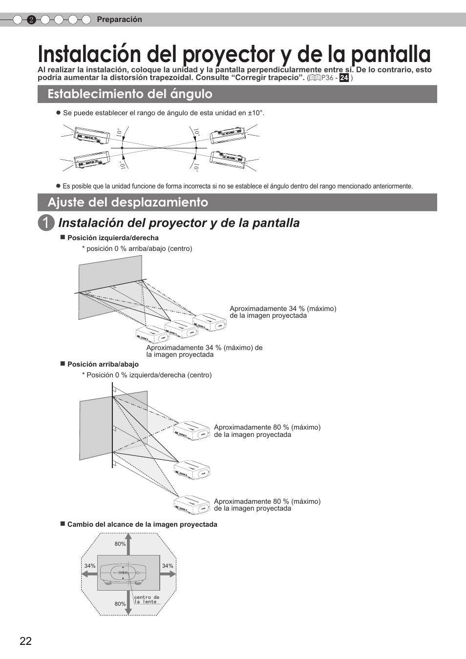 Vertical y 34% horizontal, Instalación del proyector y de la, Pantalla | Establecimiento del ángulo, Ajuste del desplazamiento, Instalación del proyector y de la pantalla | JVC DLA-HD350 User Manual | Page 23 / 58