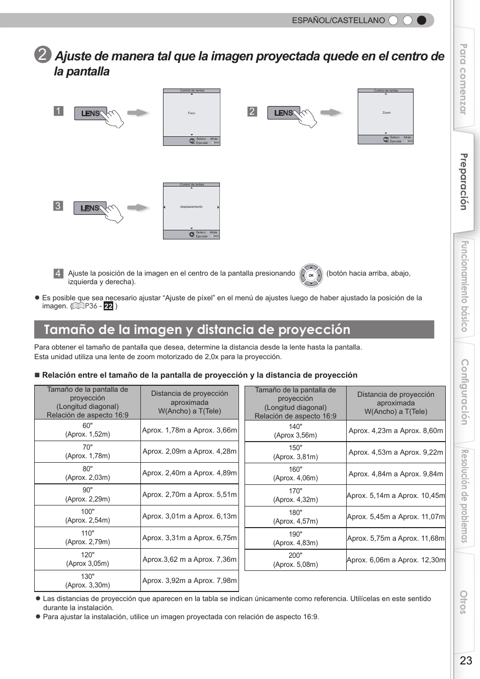 Tamaño de la imagen y distancia de, Proyección, Tamaño de la imagen y distancia de proyección | De la pantalla | JVC DLA-HD350 User Manual | Page 24 / 58