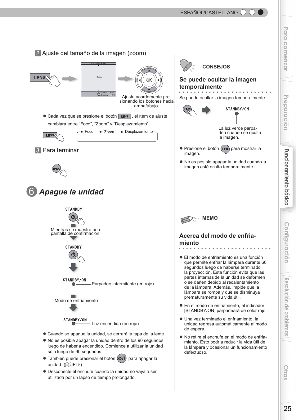 Apague la unidad, Se puede ocultar la imagen temporalmente, Acerca del modo de enfria- miento | JVC DLA-HD350 User Manual | Page 26 / 58