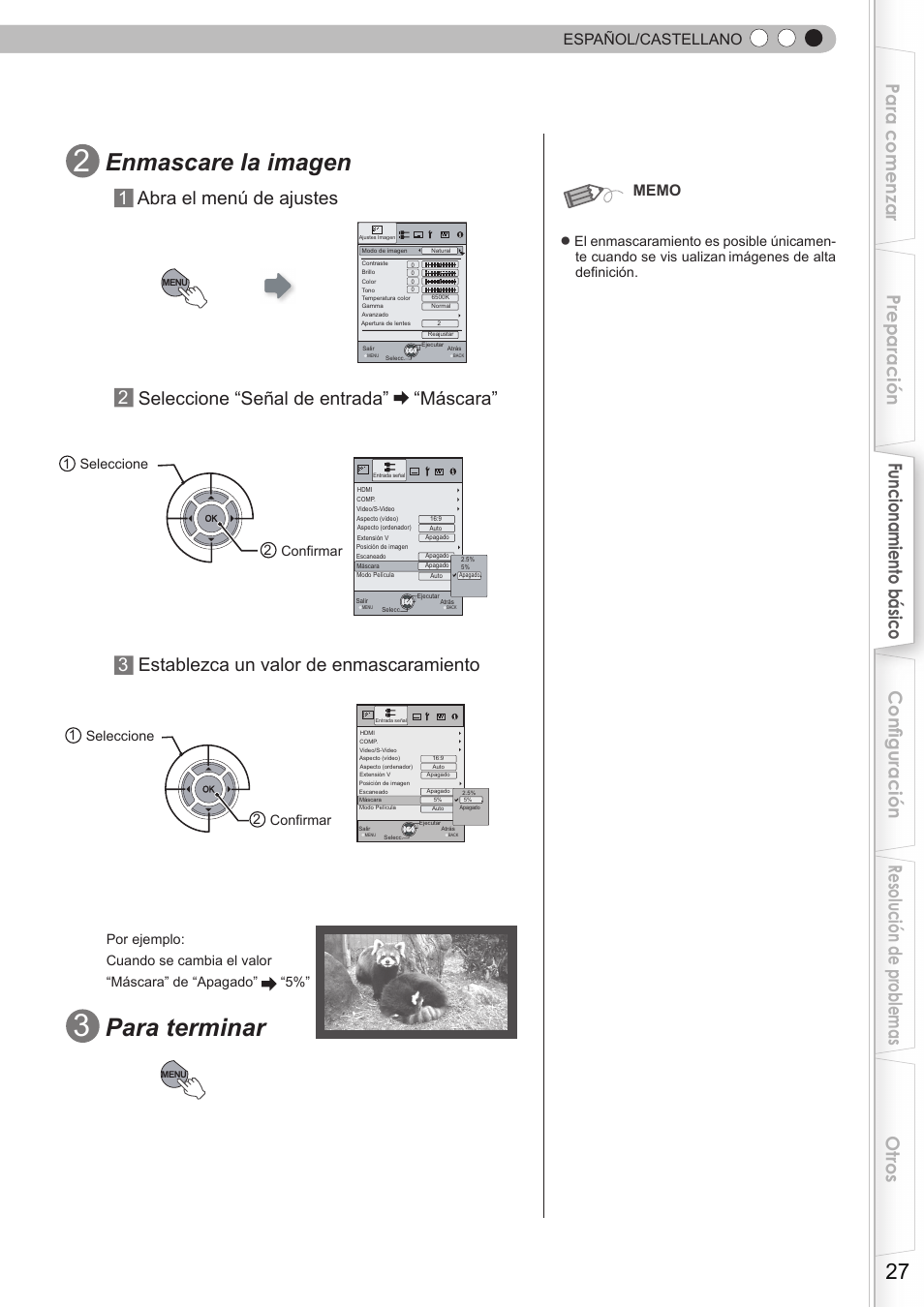 Para terminar, Enmascare la imagen, Máscara | 3establezca un valor de enmascaramiento, Español/castellano | JVC DLA-HD350 User Manual | Page 28 / 58