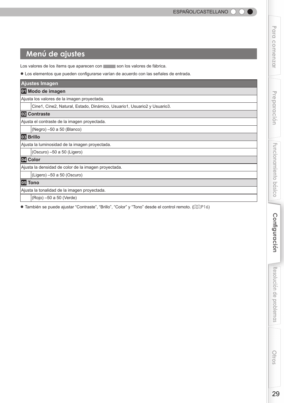 Menú de ajustes | JVC DLA-HD350 User Manual | Page 30 / 58
