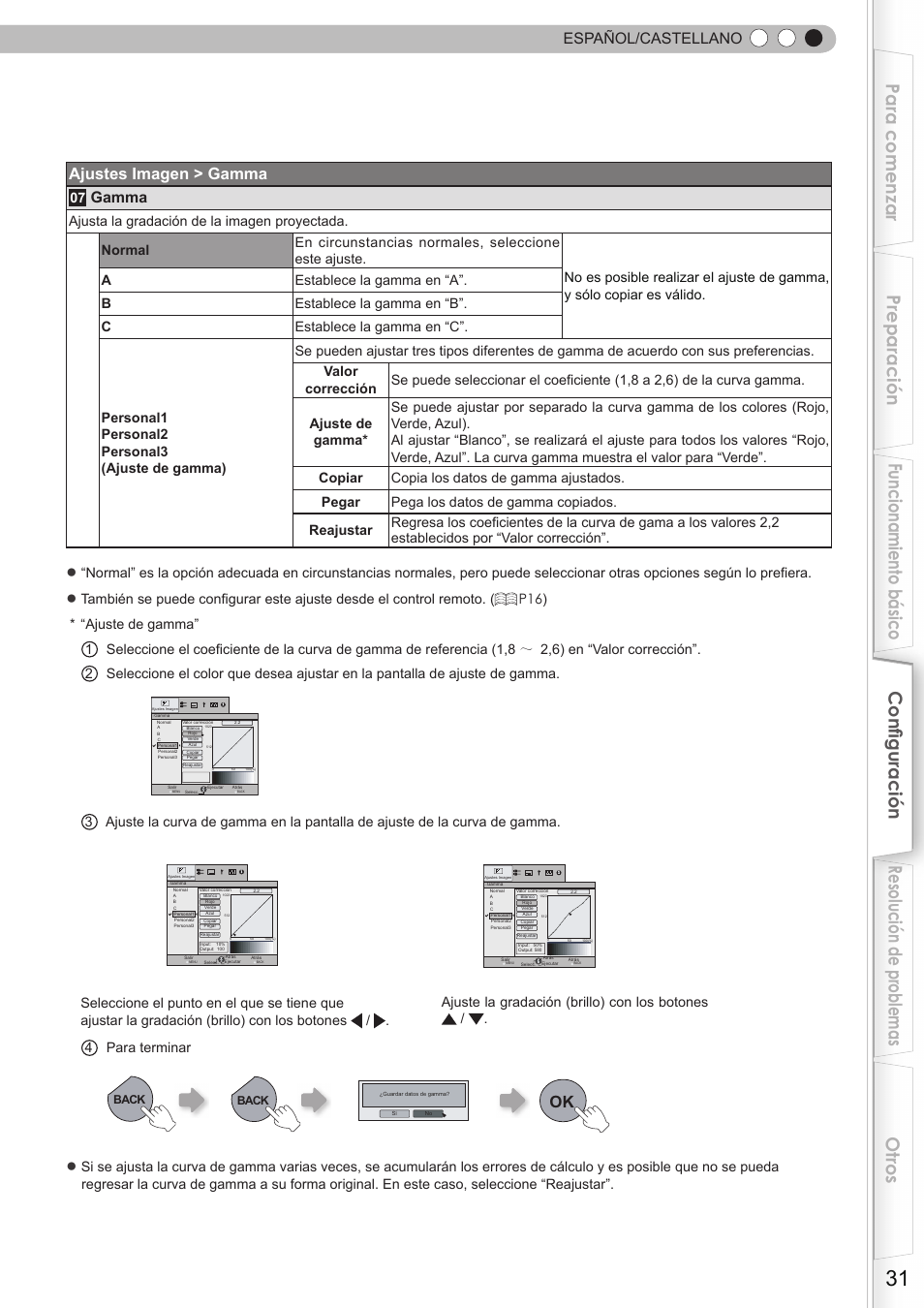 Español/castellano, Ajustes imagen > gamma, Gamma | JVC DLA-HD350 User Manual | Page 32 / 58