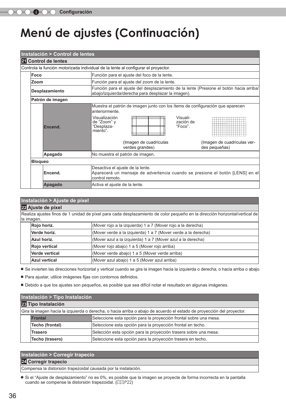 Control de la lente, Para obtener información, Menú de ajustes (continuación) | JVC DLA-HD350 User Manual | Page 37 / 58