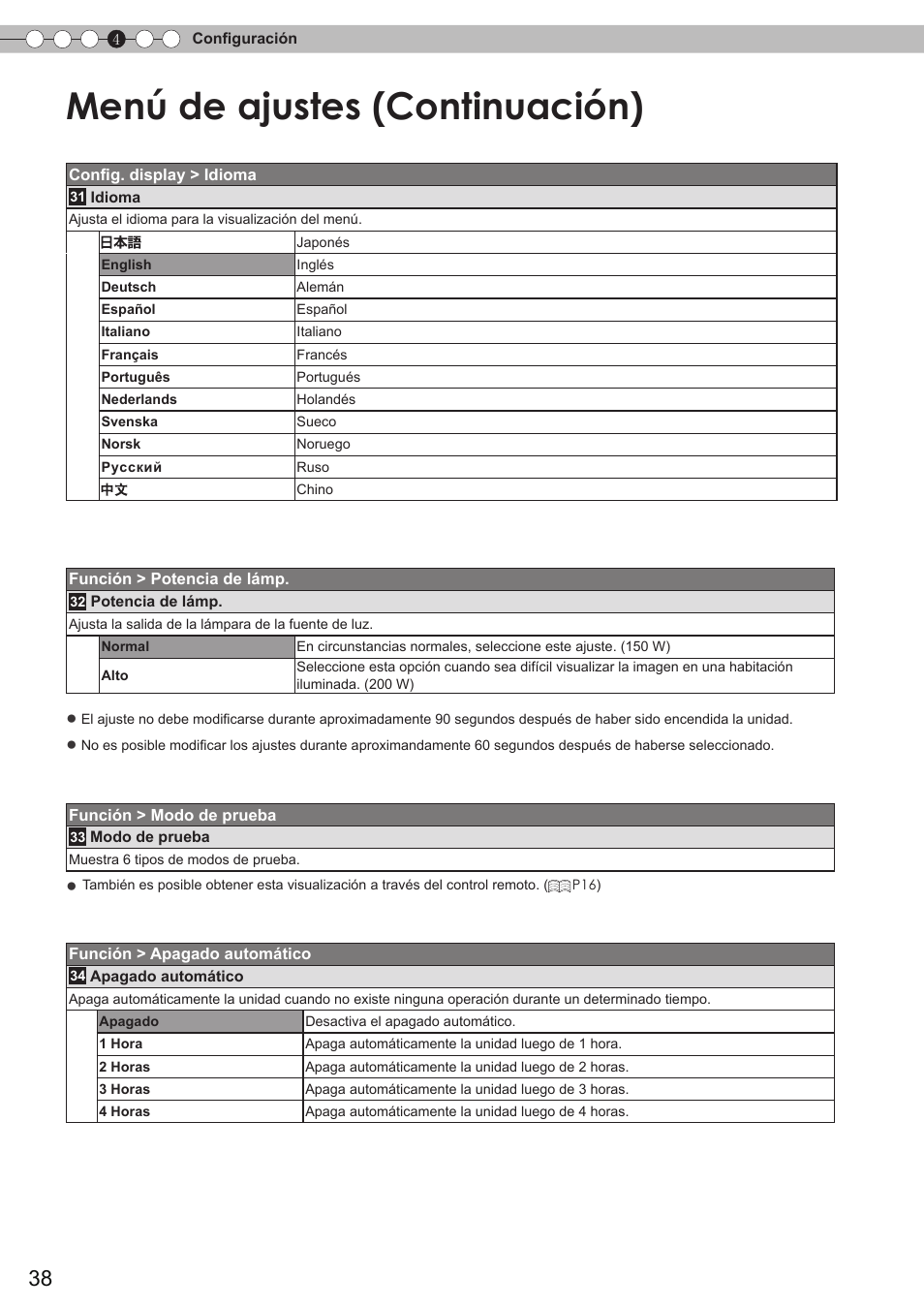 Menú de ajustes (continuación) | JVC DLA-HD350 User Manual | Page 39 / 58